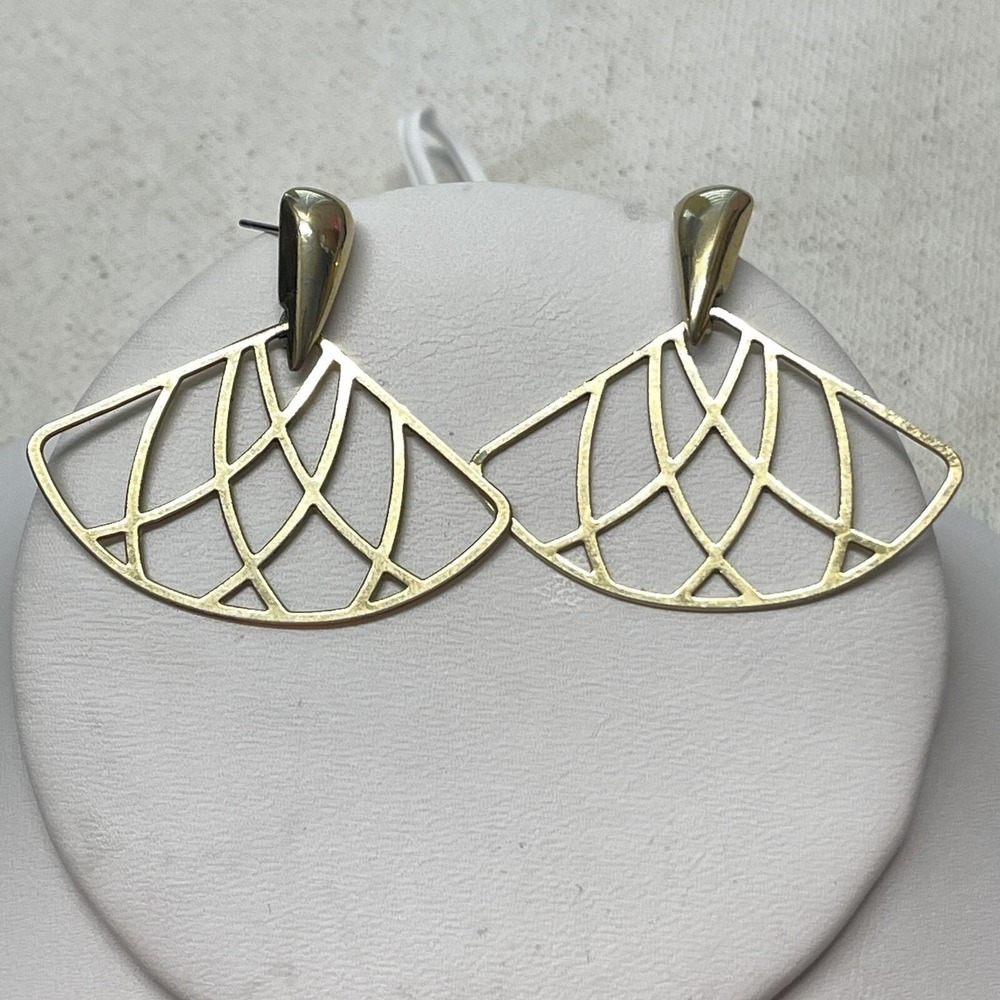 Vintage Trifari Gold Tone Fan Shape Open Work Art Deco Style Post Earrings